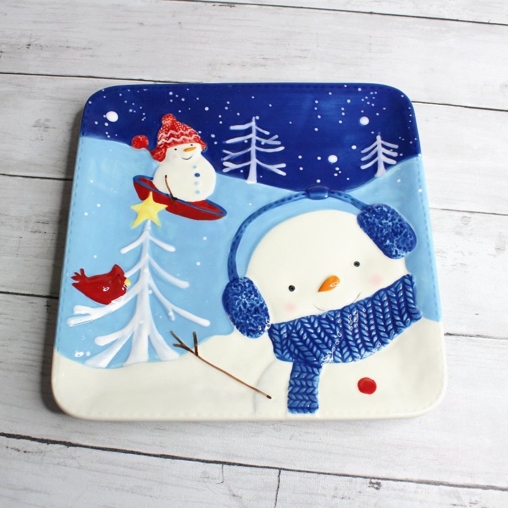 St. Nicholas Square Christmas Plate 9.25" Blue Snowman Red Cardinal